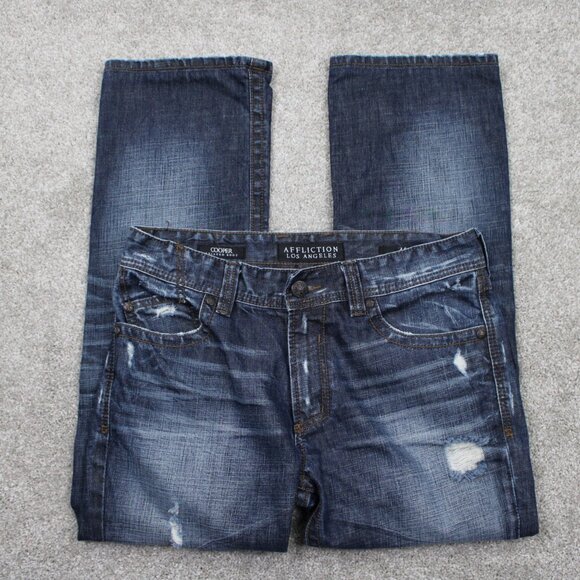 Affliction Cooper Relaxed Boot Jeans Mens 34 Blue Distressed Y2K w/ 30" inseam - Picture 1 of 15